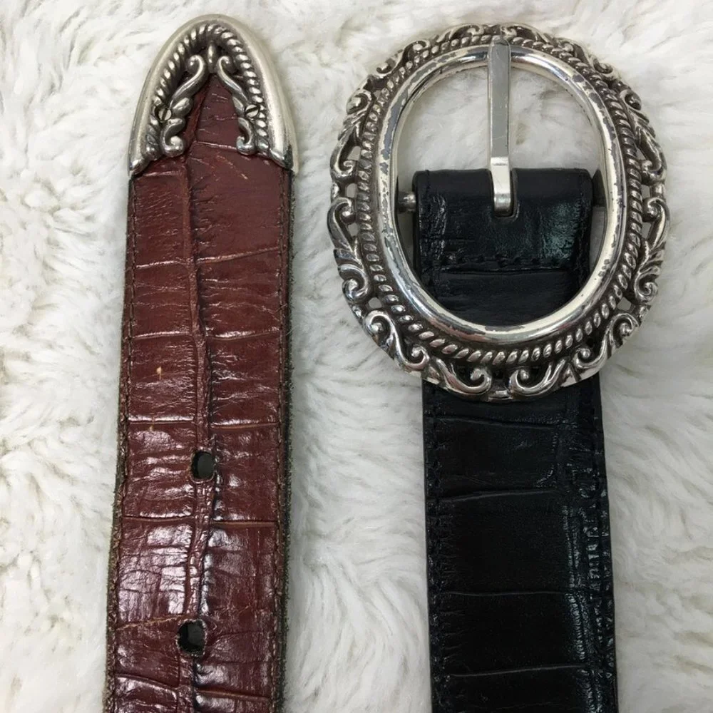 Brighton Womens Reversible Silver Black Brown Leather Belt size Medium